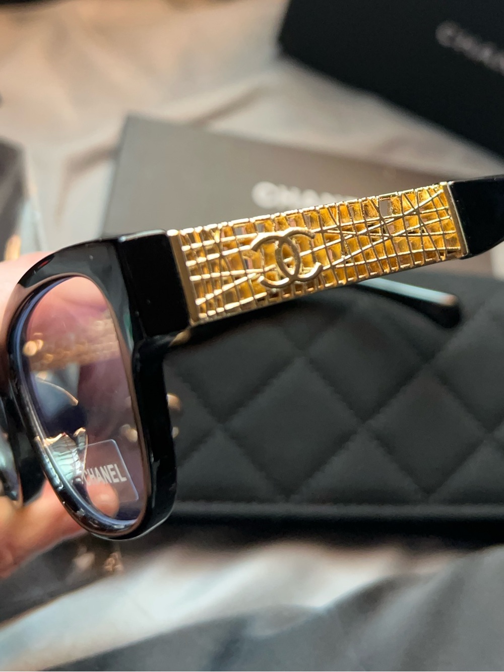 Blue light Protective CHANEL Black Frames with Gold Mesh Temple Sunglasses